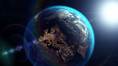 Camera flies out of sci-fi tunnel to the Earth, 3D animation. Stock Footage 65025873