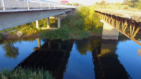 The camera flies out from under the bridge Video stock 97847309