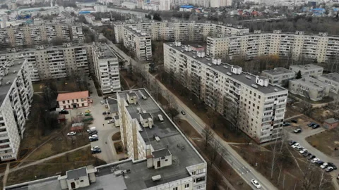 The camera flies over the area with dense urban development. Stock Footage 106284817
