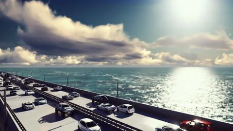 The camera flies over the bridge with heavy traffic. Cars go on the bridge in Stock Illustration