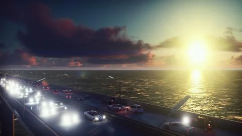 The camera flies over the bridge with heavy traffic. Cars with lights on go on Stock Illustration