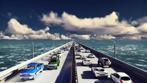 The camera flies over the bridge with heavy traffic. Cars go on the bridge in Ilustración de archivo