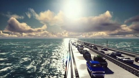 The camera flies over the bridge with heavy traffic. Cars go on the bridge in Ilustración de archivo