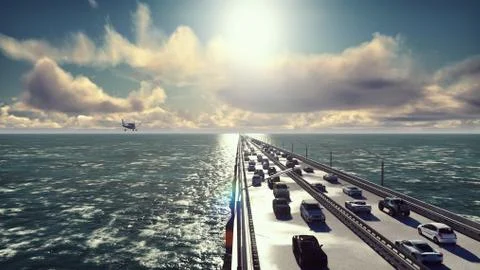 The camera flies over the bridge with heavy traffic. Cars go on the bridge in Stock Illustration