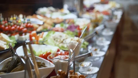 The camera flies over the buffet table Stock Footage 126006937