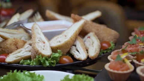 The camera flies over the buffet table Stock Footage 126096312