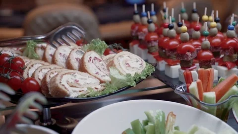 The camera flies over the buffet table Stock Footage 126544210