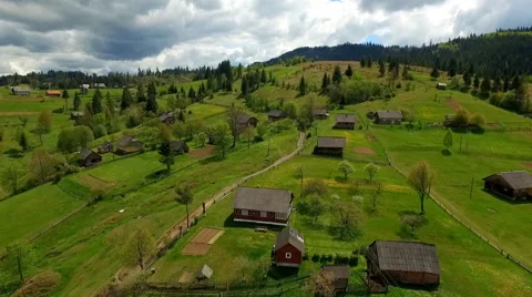 Camera Flies Over the Carpathian Village Stock Footage 63393338