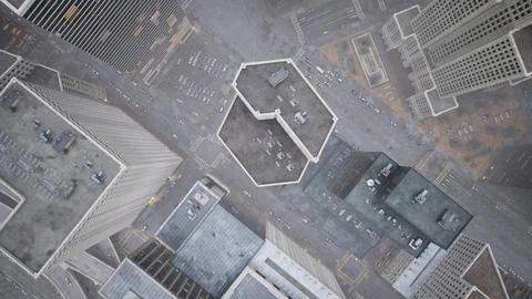 The camera flies over downtown, which looks like a microcircuit board from above Stock Photos