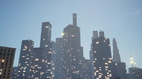 The camera flies over the evening city center with lighted windows all the way Stock Footage 257390702