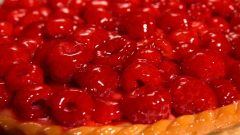 Camera flies over the Fresh raspberry pie Stock Footage 114499285