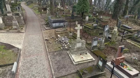 Camera Flies Over the Graves in the Cemetery of the Lviv Stock Footage 62640795