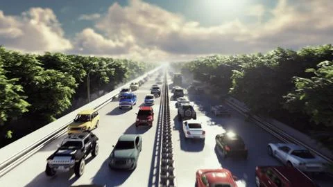 The camera flies over heavy traffic. Cars go through the city in the afternoon Stock Illustration