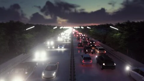 The camera flies over heavy traffic. Cars with lights on go through the city at Stock Illustration