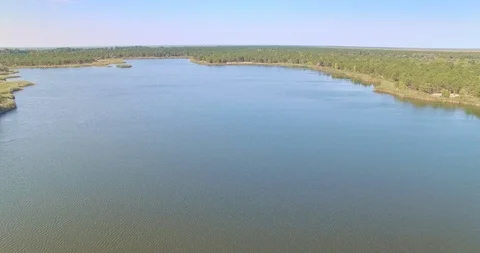 Camera flies over lake with forest on background Video stock 107657890