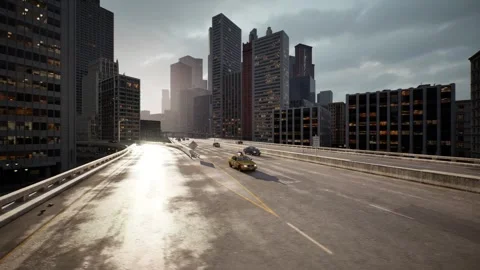 The camera flies over a multi-lane highway with busy traffic, showing the Stock Footage 257338883