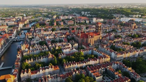 The camera flies over the old city center in the Denmark Stock Footage 203198075