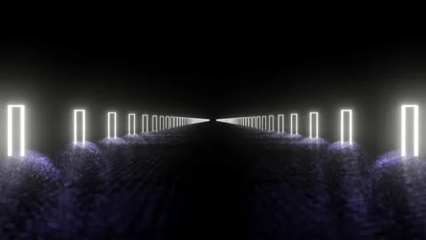 Camera flies over a road made of glowing rectangles on a black background. loope Stock Footage 168164578