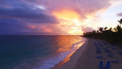 The camera flies over the sandy beach Stock Footage 71362698