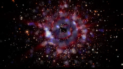 The camera flies past a bright galaxy made of billions of particles Видео 276606717