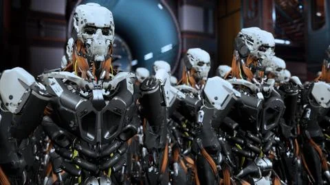 The camera flies past a detachment of robot soldiers on a spaceship. 3D Stock Illustration