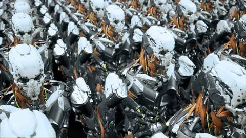 The camera flies past a squad of marching robot soldiers on a spaceship. Super Stock Footage 103093104