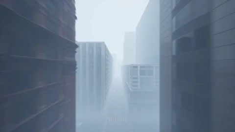 The camera flies quickly down a narrow street between the houses of a modern Stock Footage 265133086