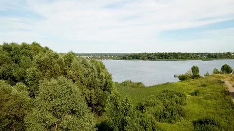 The camera flies to the river and the pier Stock Footage 93449315