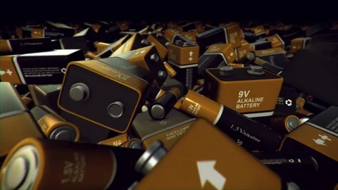 Camera flies through Alkaline batteries, loop, 3D animation Stock Footage 76939878