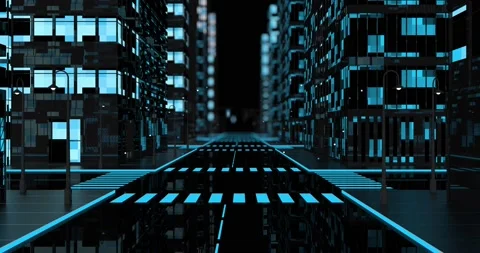 Camera flies through the middle of the street of an abstract city in blue and bl Stock Footage 152195869