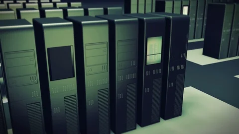 Camera flies through server room - zooms on screen - 4K 스톡 동영상 113444392