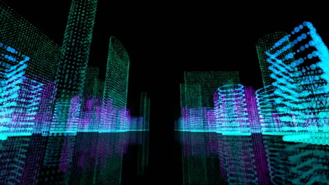The camera flies through skyscrapers consisting of numbers. Digital city. Place Stock Footage 92886682