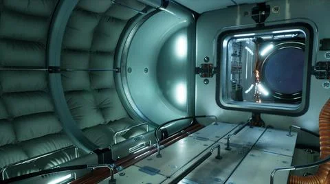 The camera flies through the spaceship module. 3D Rendering. Stock Illustration