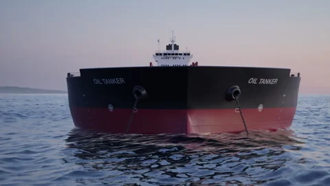 Camera flies towards and over  anchored  oil super tanker to reveal more ships Stock Footage 333774870
