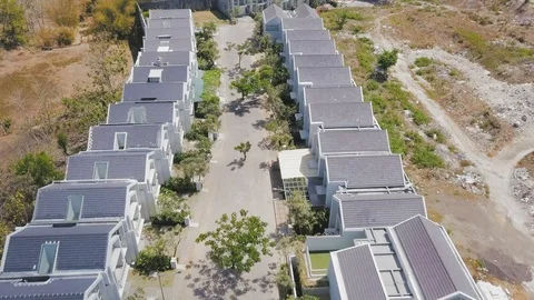 Camera flight about the new cottage town street top view aerial footage Stock Footage 100613031