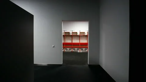 Camera flight back along the white corridor to the sports locker room 스톡 동영상 171594169