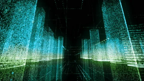 Camera flight in black cyberspace through the big digital city model consists of Stock Footage 132673923