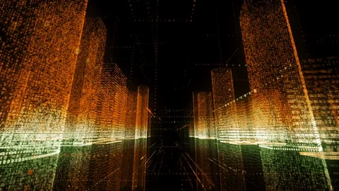 Camera flight in black space through the big digital city model consists of Stock Footage 114763736