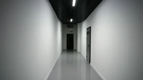 Camera flight forward along the black and white service corridor 스톡 동영상 171593788