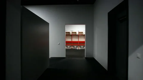 Camera flight forward along the white corridor to the sports locker room 스톡 동영상 171593969