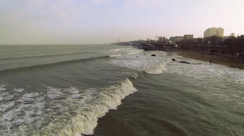 Camera flight near a wave. Caspian Sea. Storm. Aerial video. Stock Footage 50893236