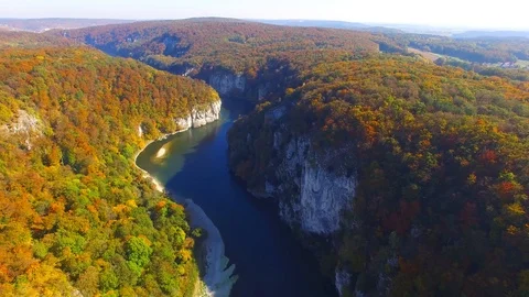 Camera flight over The Danube Gorge - Weltenburg Narrows or Weltenburger Enge. Stock Footage 96522117