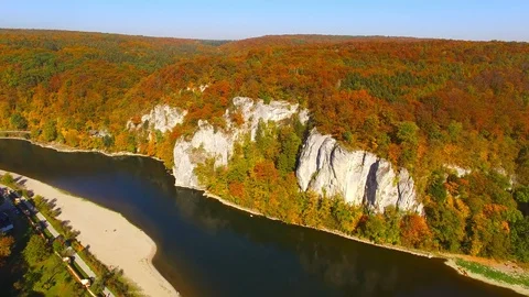 Camera flight over The Danube Gorge - Weltenburg Narrows or Weltenburger Enge. Stock Footage 96536671