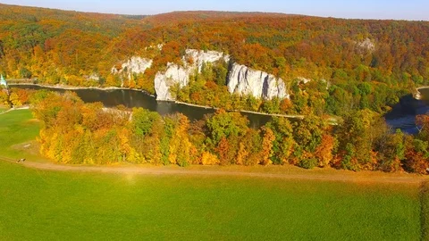 Camera flight over The Danube Gorge - Weltenburg Narrows or Weltenburger Enge. Stock Footage 96539259