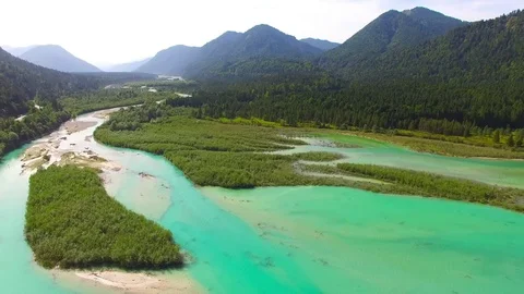 Camera flight over The Isar River in Bavarian Alps. Stock Footage 79707536