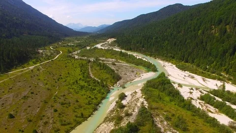Camera flight over The Isar River in Bavarian Alps. Stock Footage 79709362