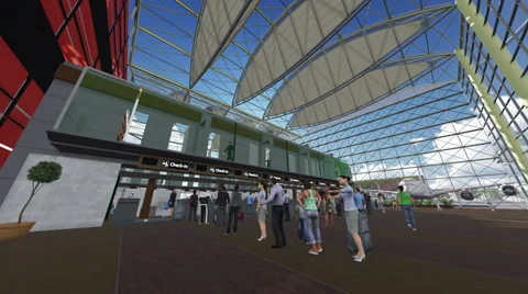 Camera flight through airport terminal up to flying airplane Stock Footage 34288105