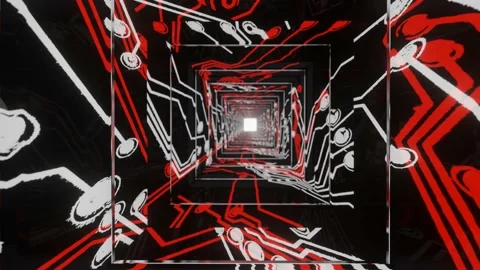 Camera flight through a black endless square tunnel with red-white glowing lines Stock Footage 161184287