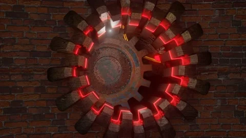 Camera flight through an endless round brick tunnel. round metal massive door op Video stock 154769580