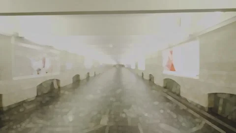 Camera flight through a tunnel in the subway passes by a man all blurred boke 스톡 동영상 296129177